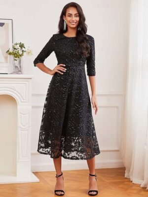 Elegant Regular Fit Mesh Lace Crew Neck 3/4 Sleeve Knee Length Dress - Image 23