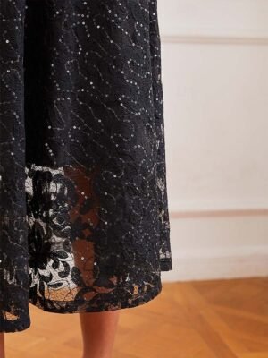 Elegant Regular Fit Mesh Lace Crew Neck 3/4 Sleeve Knee Length Dress - Image 26