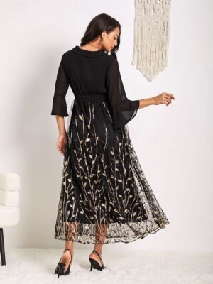 Elegant Regular Fit Mesh Lace Crew Neck 3/4 Sleeve Knee Length Dress - Image 31