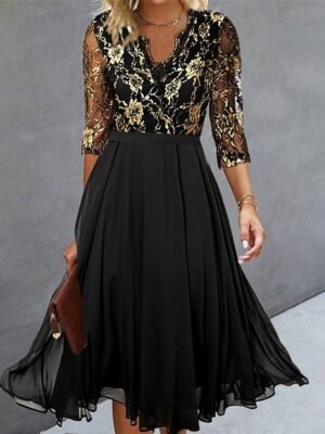Elegant Regular Fit Mesh Lace Crew Neck 3/4 Sleeve Knee Length Dress - Image 9
