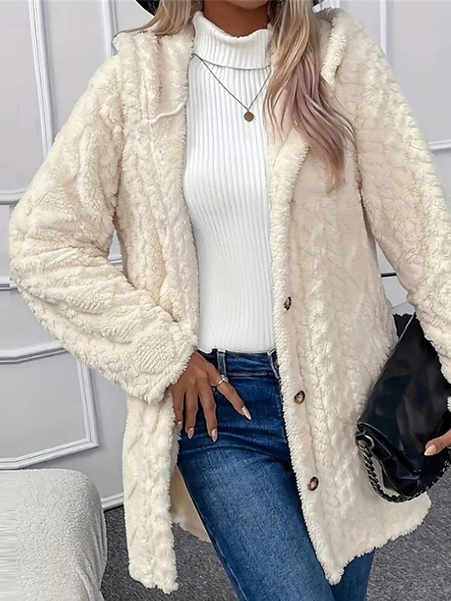 Elegant Regular Fit Plain Hooded Long Sleeve Fleece Jacket - Image 1