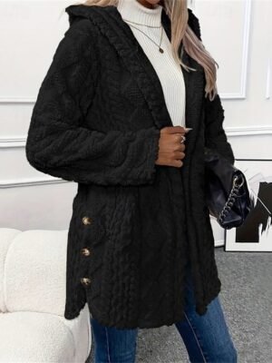 Elegant Regular Fit Plain Hooded Long Sleeve Fleece Jacket - Image 13