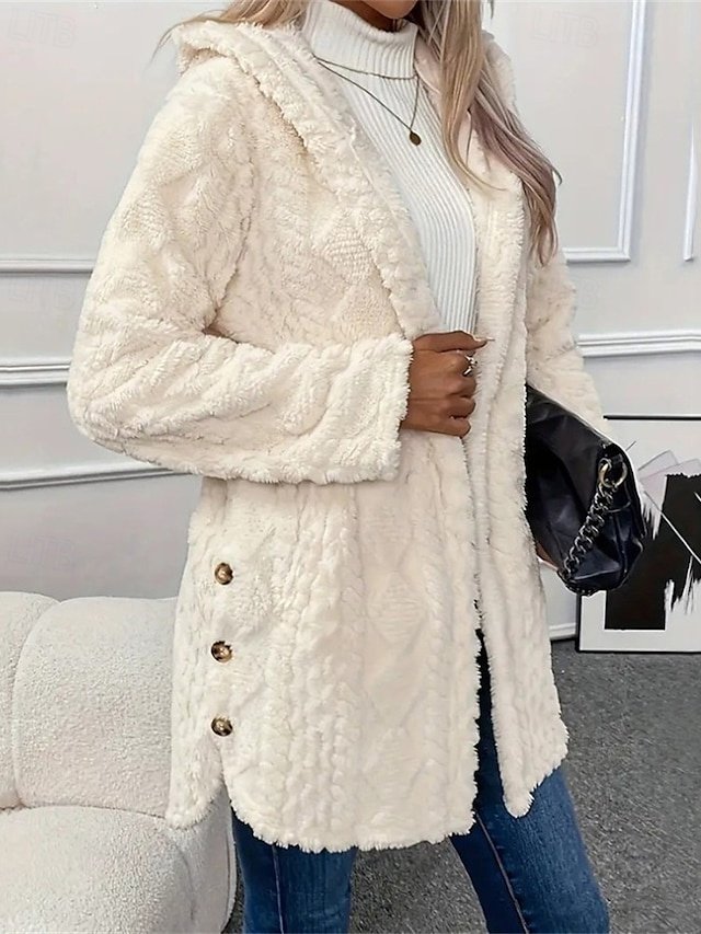 Elegant Regular Fit Plain Hooded Long Sleeve Fleece Jacket - Image 2