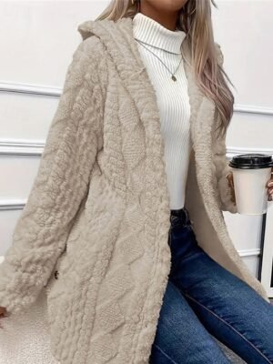 Elegant Regular Fit Plain Hooded Long Sleeve Fleece Jacket - Image 6