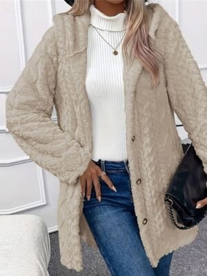 Elegant Regular Fit Plain Hooded Long Sleeve Fleece Jacket - Image 7