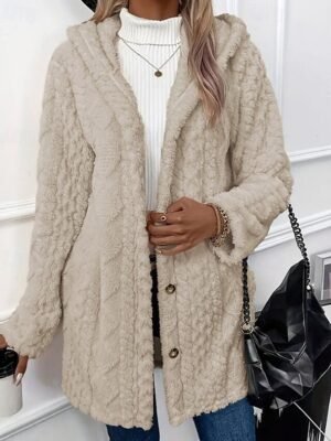 Elegant Regular Fit Plain Hooded Long Sleeve Fleece Jacket - Image 8