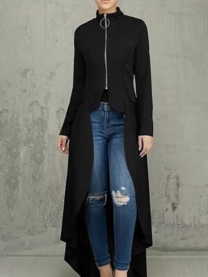Elegant Regular Fit Plain Stand Collar Long Sleeve Irregular Hem Jacket - Image 1