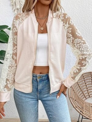 Elegant Regular Fit Plain Stand Collar Long Sleeve Bomber Jacket - Image 11