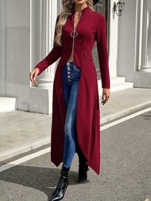 Elegant Regular Fit Plain Stand Collar Long Sleeve Irregular Hem Jacket - Image 11