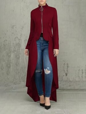 Elegant Regular Fit Plain Stand Collar Long Sleeve Irregular Hem Jacket - Image 12