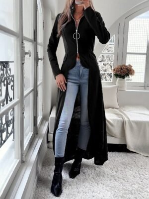 Elegant Regular Fit Plain Stand Collar Long Sleeve Irregular Hem Jacket - Image 4