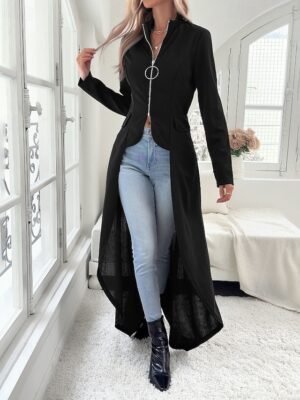 Elegant Regular Fit Plain Stand Collar Long Sleeve Irregular Hem Jacket - Image 5