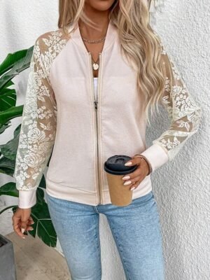 Elegant Regular Fit Plain Stand Collar Long Sleeve Bomber Jacket - Image 9