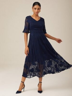 Elegant Regular Fit Plain V Neck Flutter Sleeve Maxi Dress - Image 1