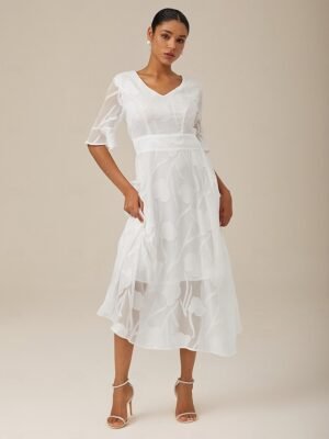 Elegant Regular Fit Plain V Neck Flutter Sleeve Maxi Dress - Image 11