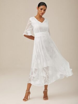 Elegant Regular Fit Plain V Neck Flutter Sleeve Maxi Dress - Image 12