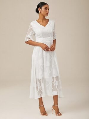 Elegant Regular Fit Plain V Neck Flutter Sleeve Maxi Dress - Image 14