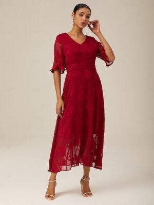 Elegant Regular Fit Plain V Neck Flutter Sleeve Maxi Dress - Image 28