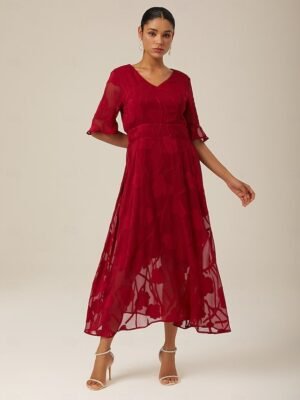 Elegant Regular Fit Plain V Neck Flutter Sleeve Maxi Dress - Image 30