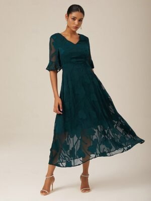 Elegant Regular Fit Plain V Neck Flutter Sleeve Maxi Dress - Image 6