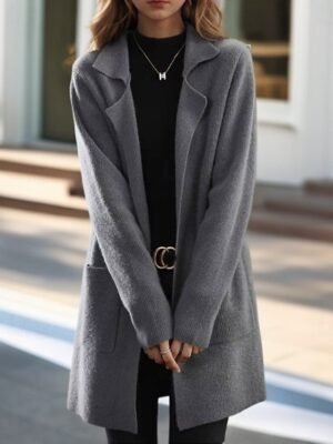 Elegant Regular Fit Pure Colour Shirt Collar Long Sleeve Cardigan - Image 6