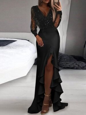Elegant Regular Fit Pure Colour V Neck Long Sleeve Maxi Dress - Image 1