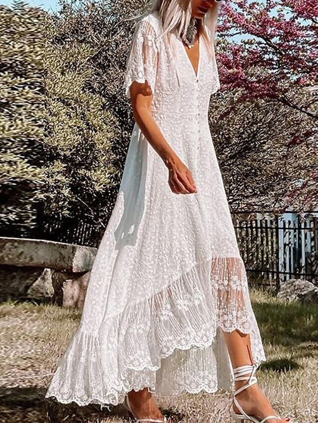 Elegant Regular Fit Pure Colour V Neck Short Sleeve Midi Dress - Image 2