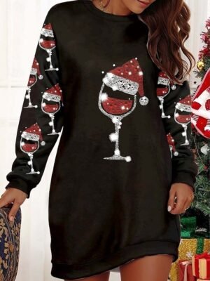 Elegant Regular Fit Santa Claus Crew Neck Long Sleeve Maxi Dress - Image 1