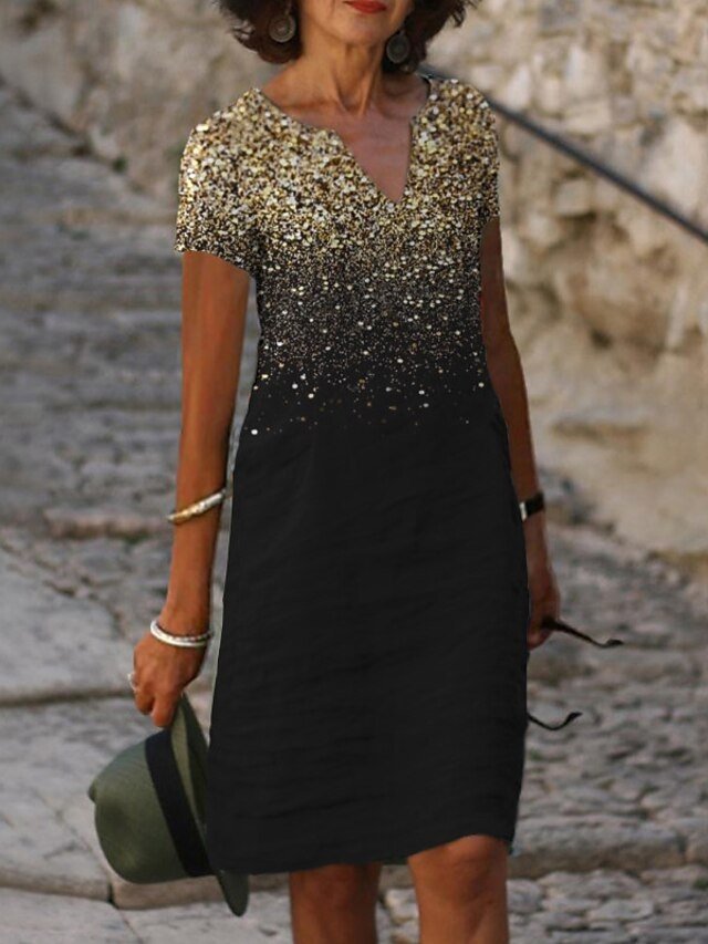 Elegant Regular Fit Sequin Gradient V Neck Short Sleeve Knee-length Cocktail Dress - Image 2