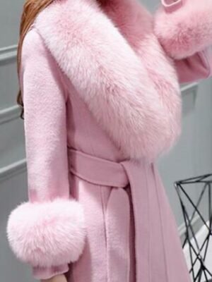 Elegant Regular Fit Solid Colour Fur Collar Long Sleeve Long Coat - Image 5