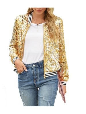 Elegant Regular Fit Solid Colour Sequins Long Sleeve Bomber Jacket - Image 1