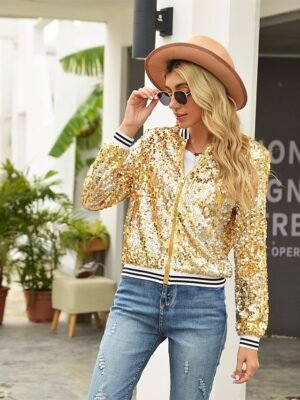 Elegant Regular Fit Solid Colour Sequins Long Sleeve Bomber Jacket - Image 3