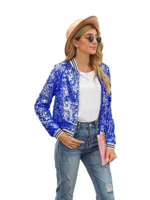Elegant Regular Fit Solid Colour Sequins Long Sleeve Bomber Jacket - Image 4