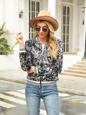 Elegant Regular Fit Solid Colour Sequins Long Sleeve Bomber Jacket - Image 5