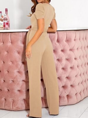 Elegant Regular Fit Solid Colour V Neck Short Sleeve Jumpsuit - Image 18
