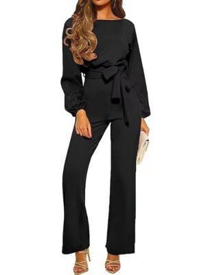 Elegant Regular Fit Solid Crew Neck Long Sleeve Jumpsuit - Image 1