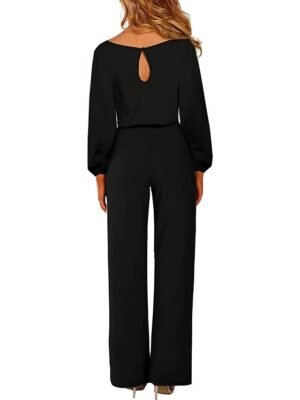 Elegant Regular Fit Solid Crew Neck Long Sleeve Jumpsuit - Image 2