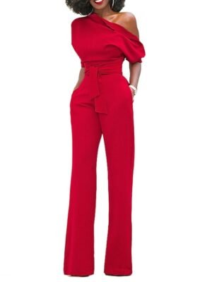 Elegant Regular Fit Solid One Shoulder Half Sleeve Jumpsuit - Image 1
