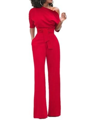 Elegant Regular Fit Solid One Shoulder Half Sleeve Jumpsuit - Image 3