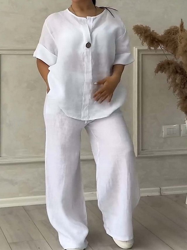 Elegant Regular Fit Solid Shirt Collar Short Sleeve Summer 2 Pieces Set - Image 1