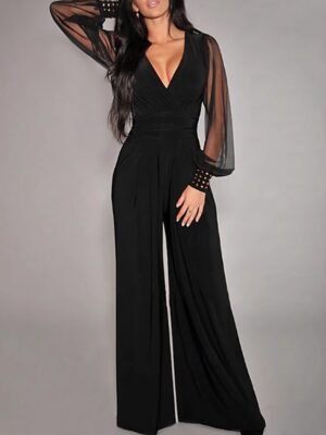 Elegant Regular Fit Solid V Neck Lantern Sleeve Wide Leg Jumpsuit - Image 2