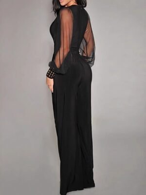 Elegant Regular Fit Solid V Neck Lantern Sleeve Wide Leg Jumpsuit - Image 3