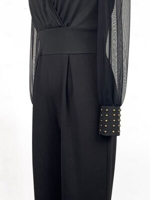 Elegant Regular Fit Solid V Neck Lantern Sleeve Wide Leg Jumpsuit - Image 5