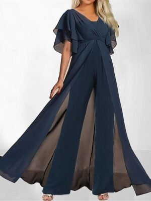 Elegant Regular Fit Solid V Neck Short Sleeve Jumpsuit with Train - Image 1