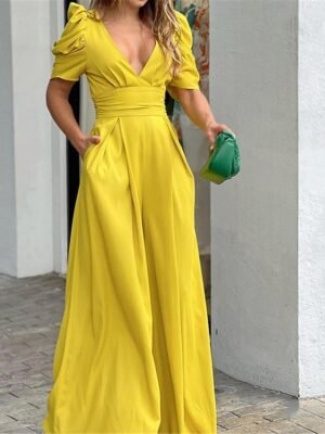 Elegant Regular Fit Solid V Neck Short Sleeve Backless Jumpsuit - Image 5