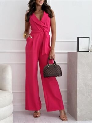 Elegant Regular Fit Solid V Neck Sleeveless Jumpsuit - Image 2