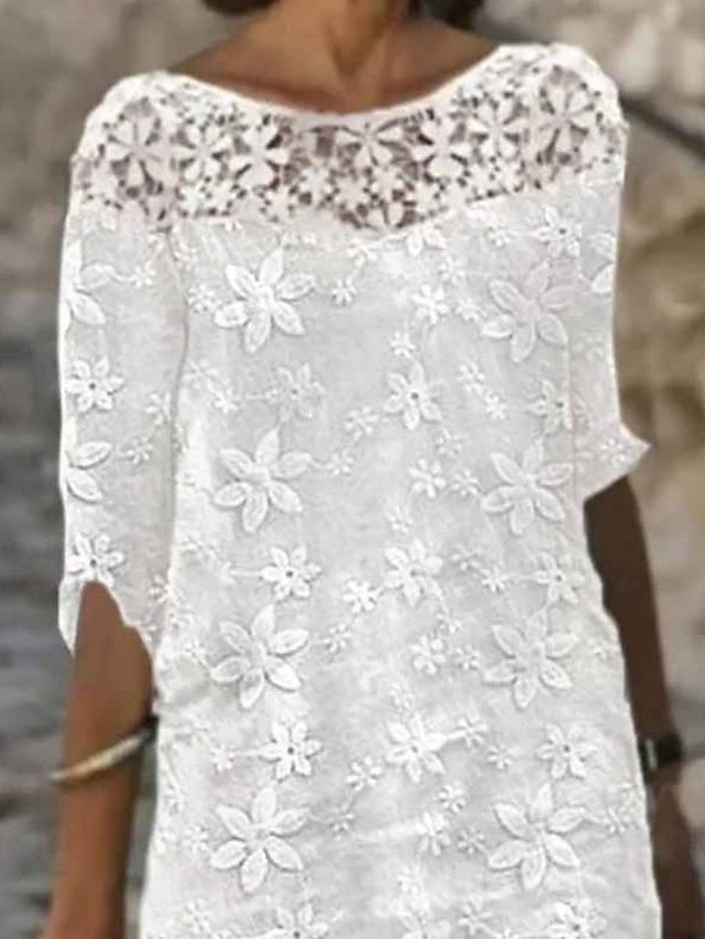 Elegant Regular Fit White Crew Neck Knee Length Shift Dress - Image 2