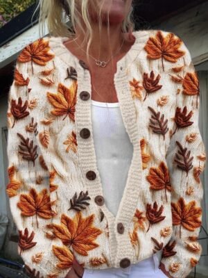 Elegant Regular Floral Crew Neck Long Sleeve Cardigan - Image 2