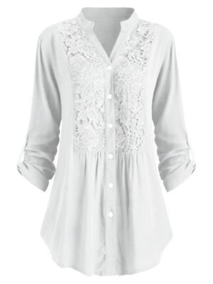 Elegant Regular Floral Lace Shirt Collar Long Sleeve Tunic - Image 1