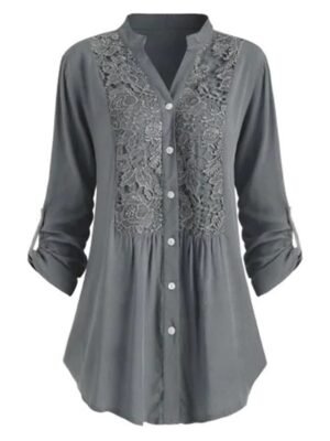 Elegant Regular Floral Lace Shirt Collar Long Sleeve Tunic - Image 11